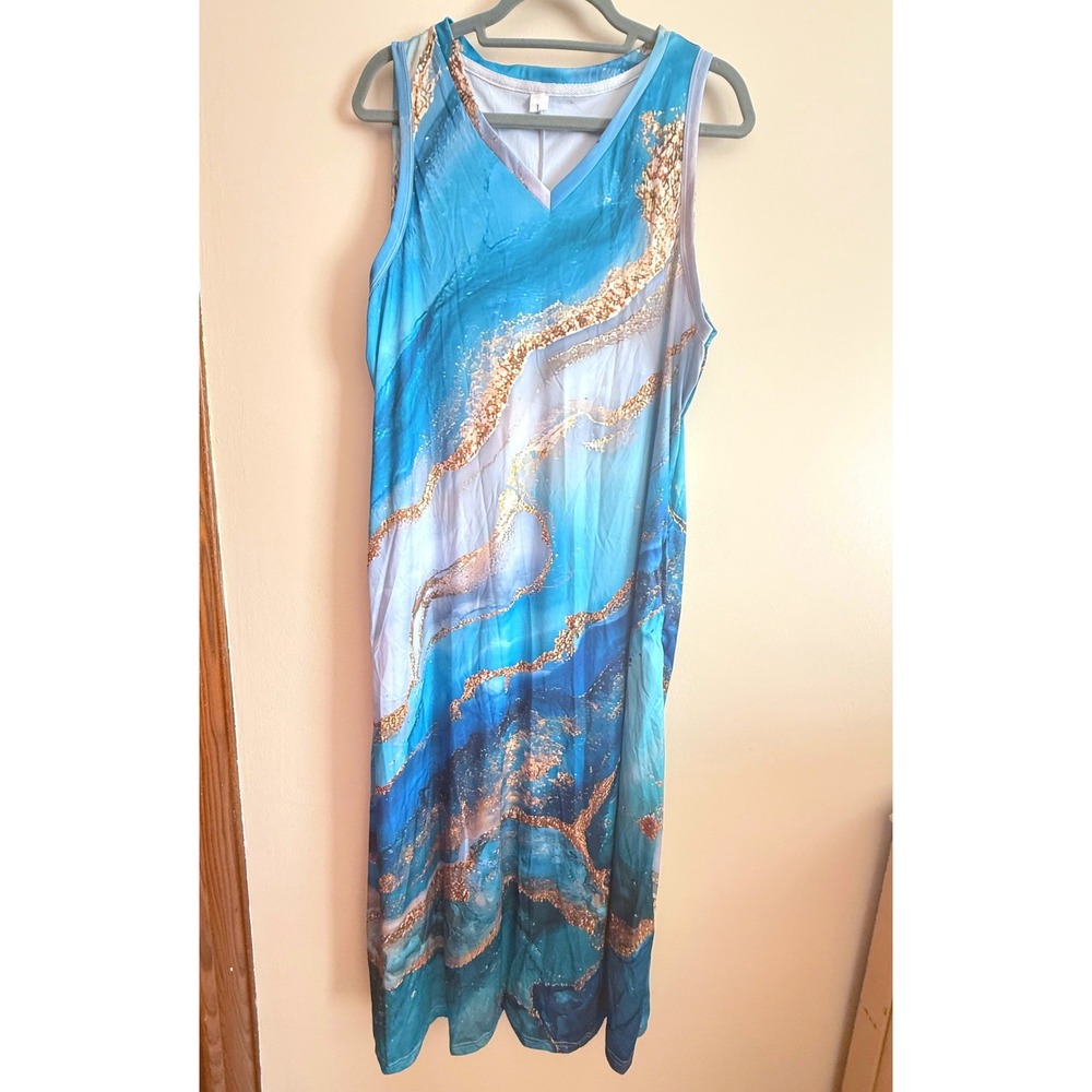 Blue Gold Abstract Marble Print Sleeveless V-Neck Maxi Dress Womens Large